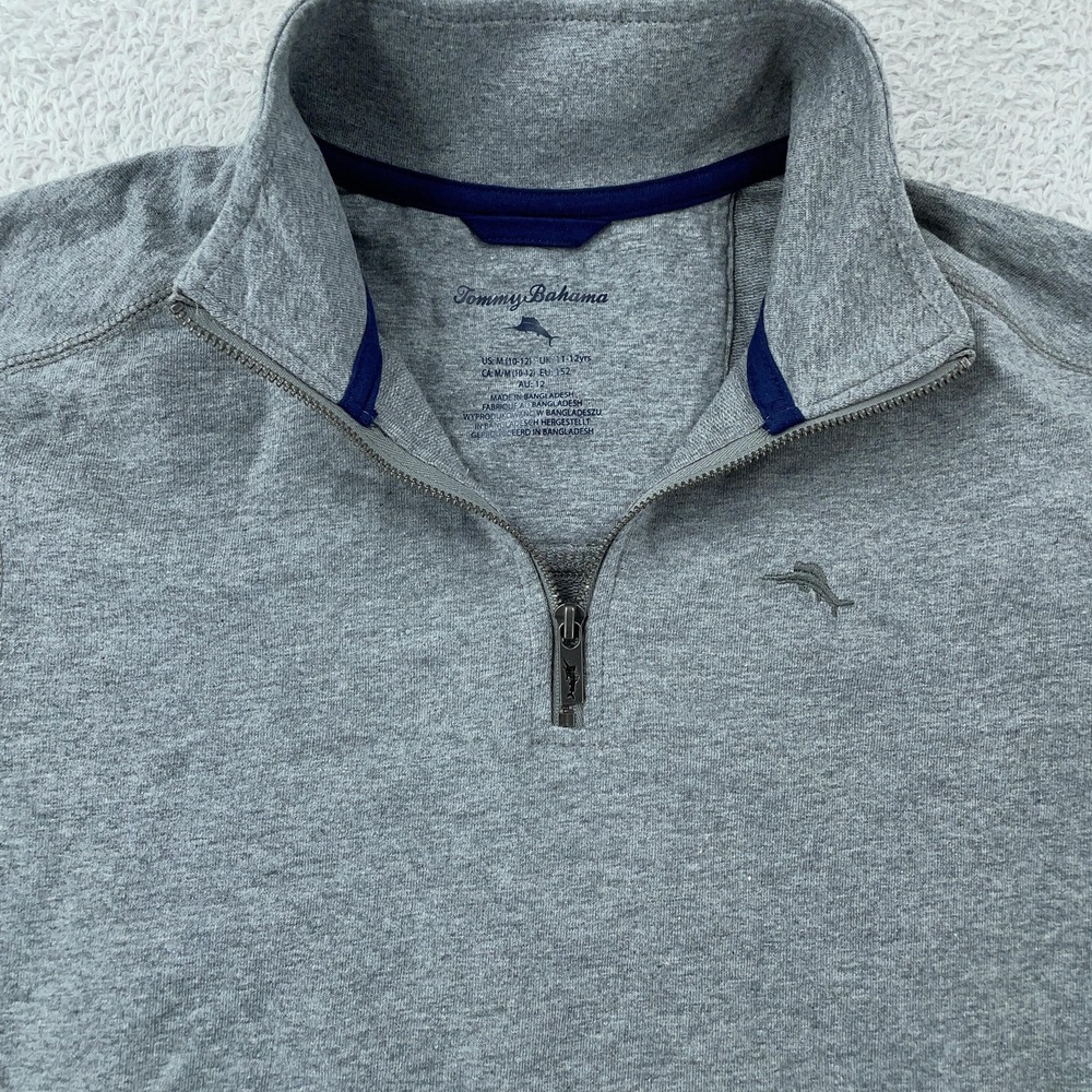 Tommy Bahama Sweater Boys Medium 10-12 Heather‎ Gray Quarter Zip Pullover Marlin